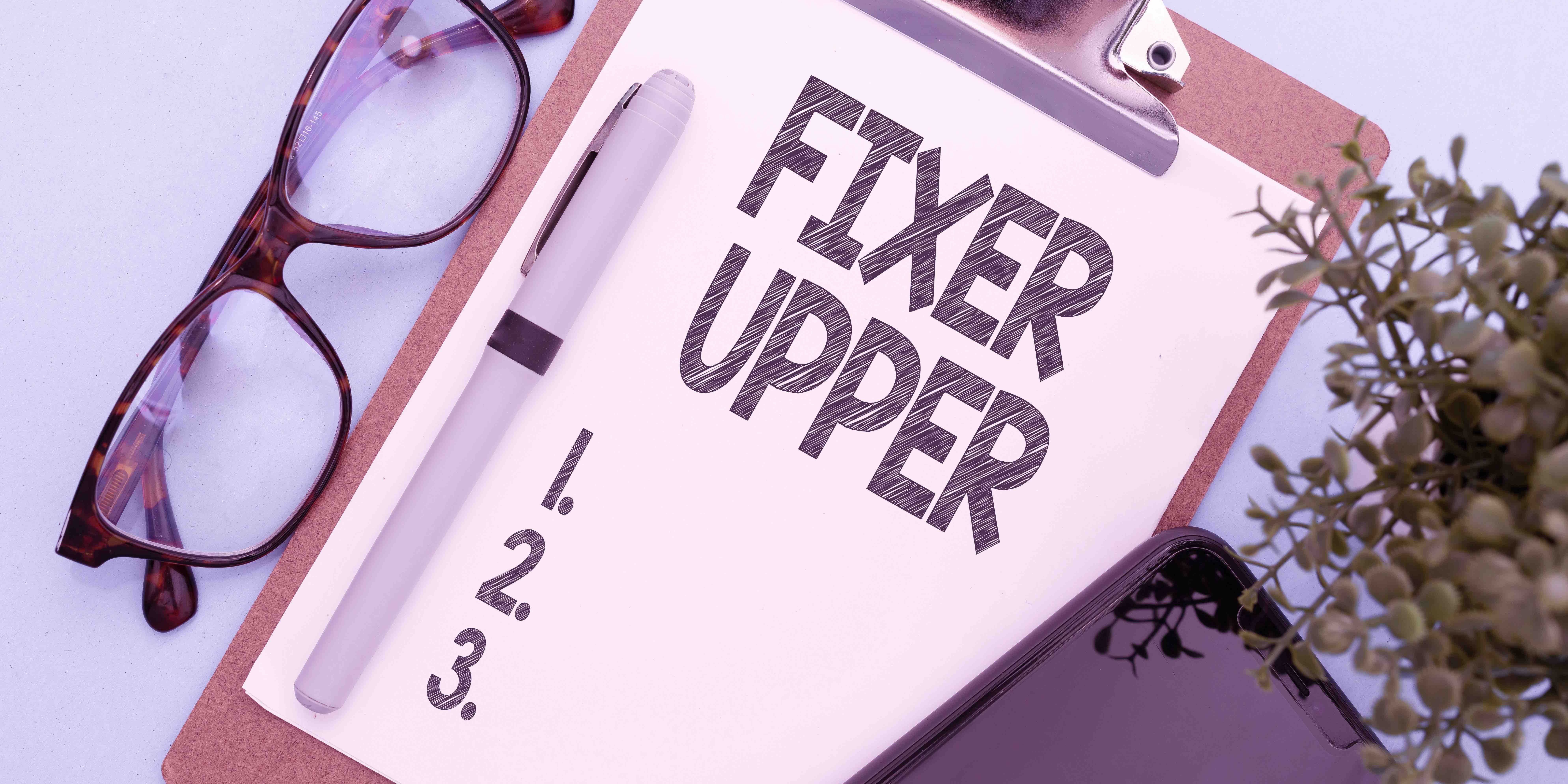 Colorful illustration of glasses, a smartphone, a pen and a paper holder with fixer upper text on it